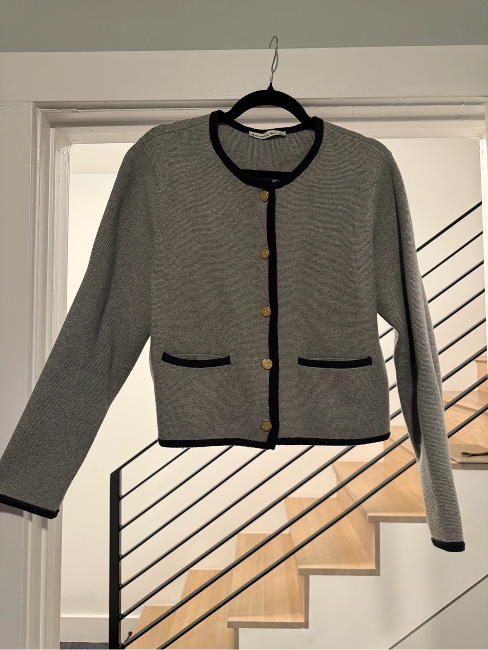 Abercrombie & Fitch Gray Jacket with Black Trim and Gold Buttons